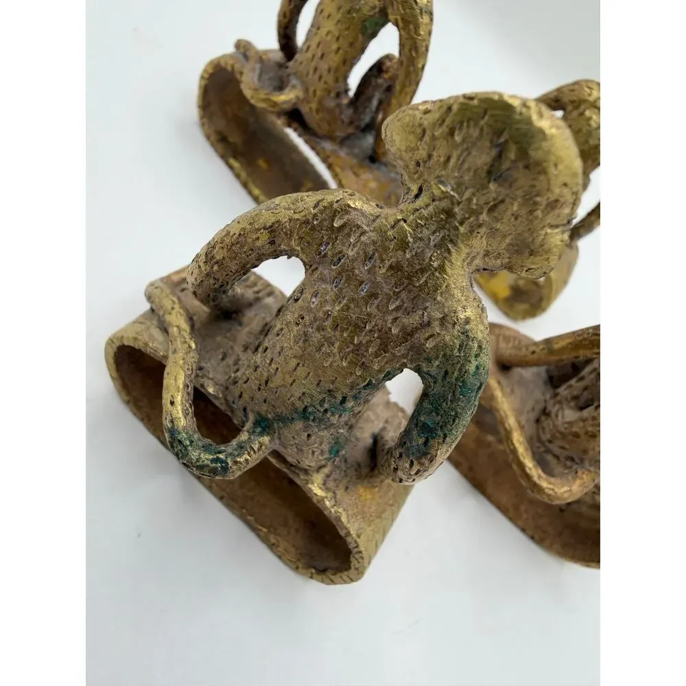 Vintage Brass Monkey Napkin Rings Set of 4 Heavy Cast Metal Figural Table Decor